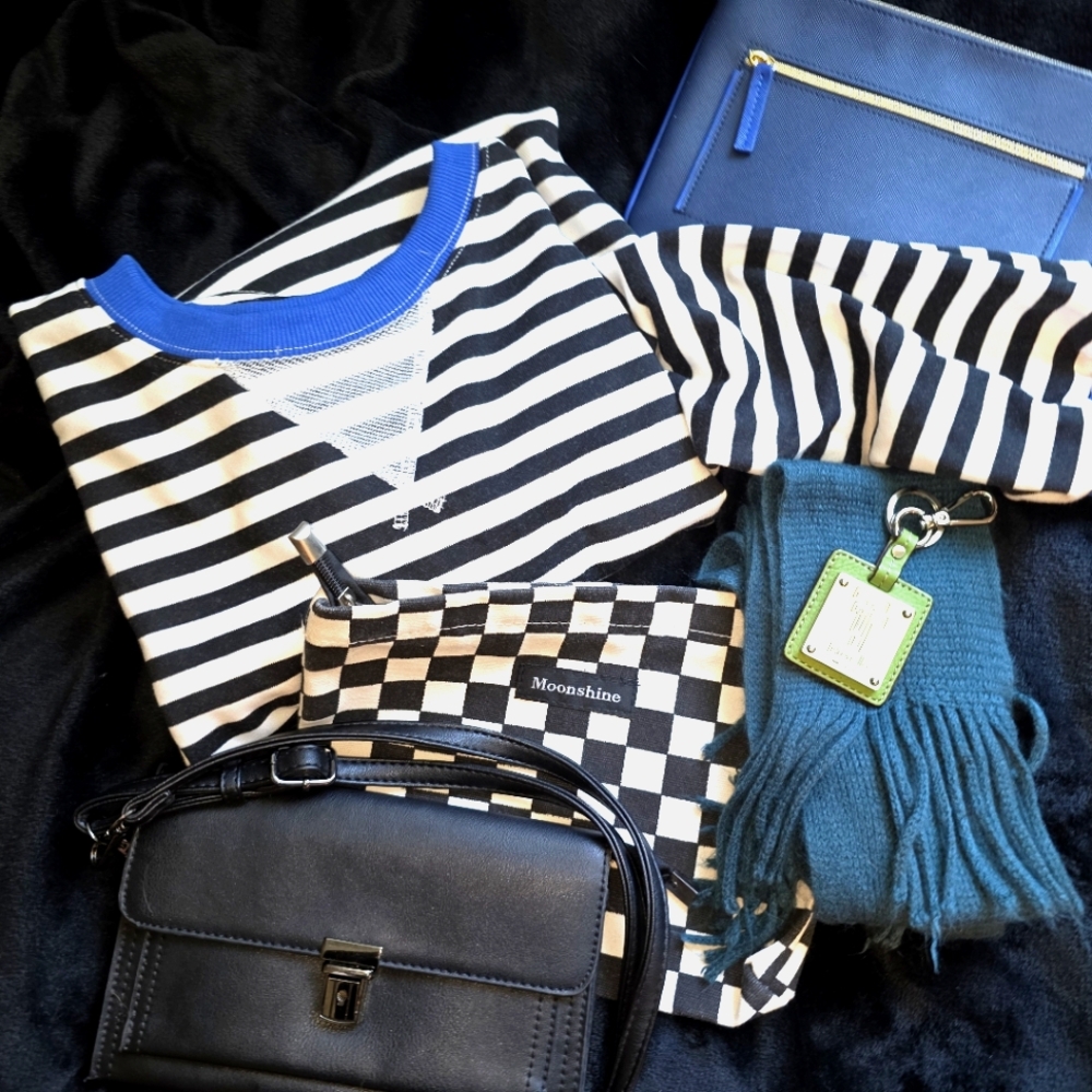 VARSITY BUNDLE: B/W Long Sleeve, 2 Makeup Bag, Crossbody, Blue Scarf, Key Ring